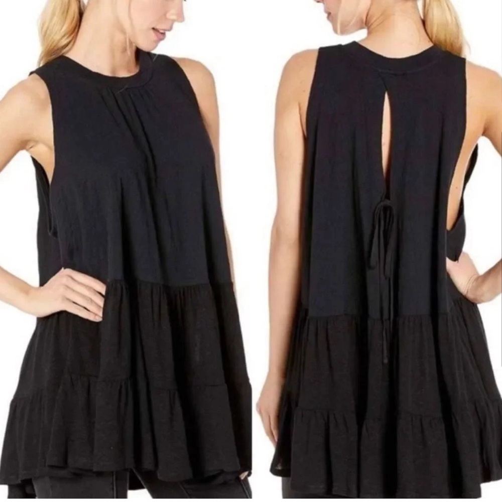 Free People Right On Time Peplum Tunic Top - Tie Back - Black (S)